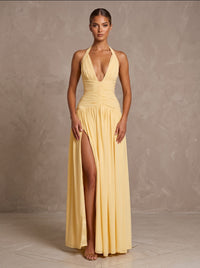 Chiffon A-Line/Princess Halter Floor-Length Formal Prom Dresses with Pleats & Slit