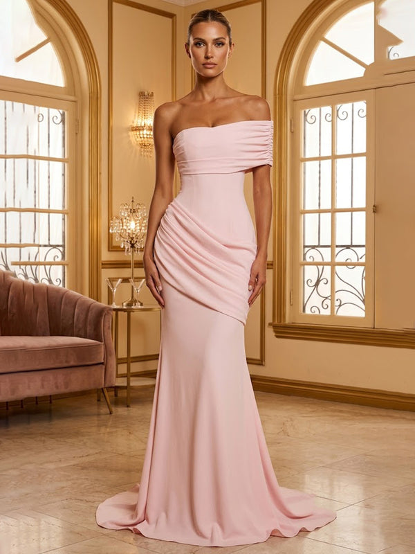 Stretch Jersey Mermaid/Trumpet One Shoulder Floor-Length Prom Dresses with Ruched Waist & Sweep Train