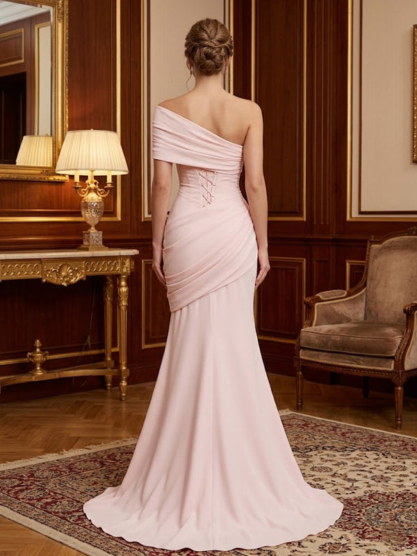 Stretch Jersey Mermaid/Trumpet One Shoulder Floor-Length Prom Dresses with Ruched Waist & Sweep Train