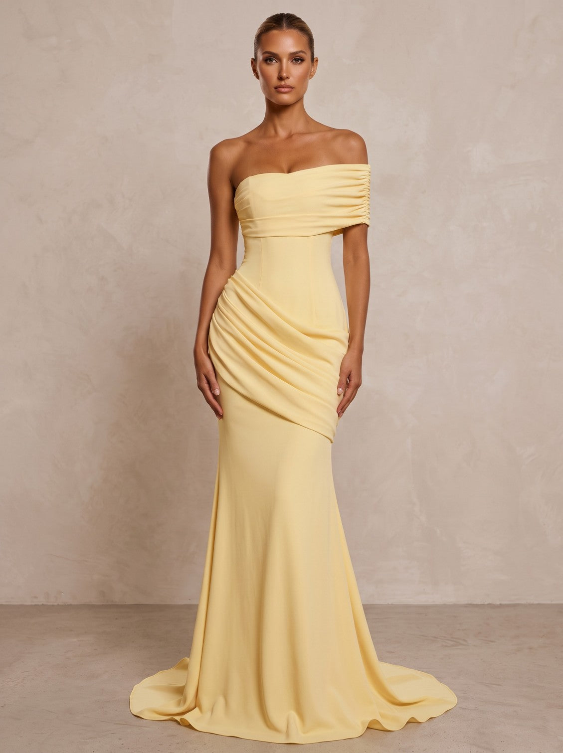 Stretch Jersey Mermaid/Trumpet One Shoulder Floor-Length Formal Prom Dresses with Ruched Waist & Sweep Train
