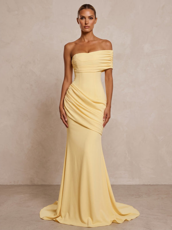Stretch Jersey Mermaid/Trumpet One Shoulder Floor-Length Formal Prom Dresses with Ruched Waist & Sweep Train