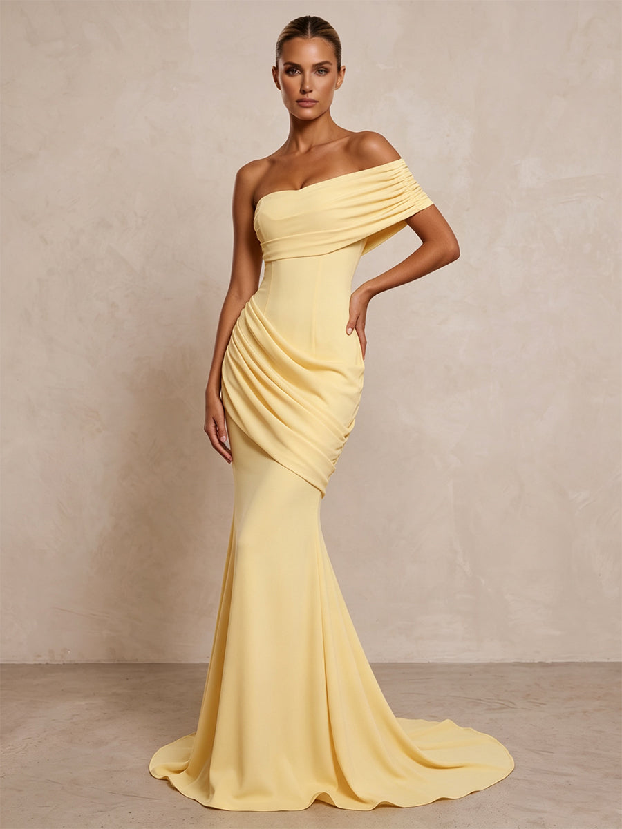 Stretch Jersey Mermaid/Trumpet One Shoulder Floor-Length Formal Prom Dresses with Ruched Waist & Sweep Train
