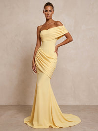 Stretch Jersey Mermaid/Trumpet One Shoulder Floor-Length Formal Prom Dresses with Ruched Waist & Sweep Train