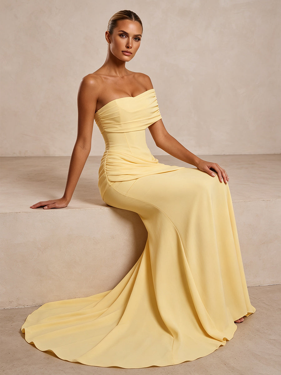 Stretch Jersey Mermaid/Trumpet One Shoulder Floor-Length Formal Prom Dresses with Ruched Waist & Sweep Train