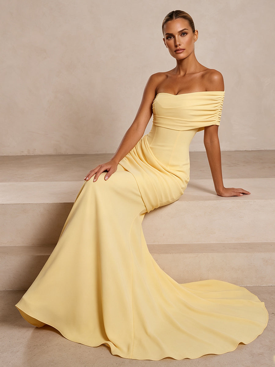 Stretch Jersey Mermaid/Trumpet One Shoulder Floor-Length Formal Prom Dresses with Ruched Waist & Sweep Train