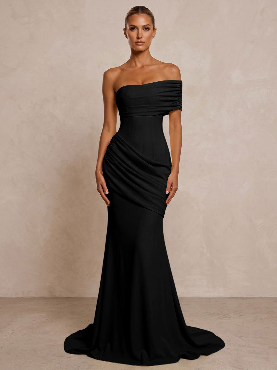 Stretch Jersey Mermaid/Trumpet One Shoulder Floor-Length Formal Prom Dresses with Ruched Waist & Sweep Train