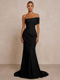 Stretch Jersey Mermaid/Trumpet One Shoulder Floor-Length Formal Prom Dresses with Ruched Waist & Sweep Train