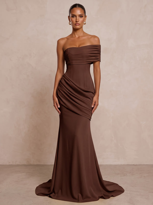 Stretch Jersey Mermaid/Trumpet One Shoulder Floor-Length Formal Prom Dresses with Ruched Waist & Sweep Train