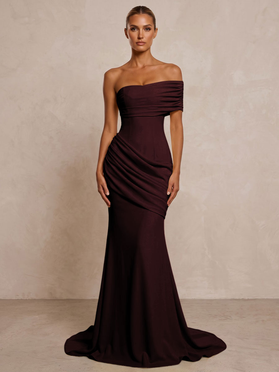 Stretch Jersey Mermaid/Trumpet One Shoulder Floor-Length Formal Prom Dresses with Ruched Waist & Sweep Train
