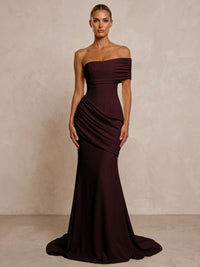 Stretch Jersey Mermaid/Trumpet One Shoulder Floor-Length Formal Prom Dresses with Ruched Waist & Sweep Train