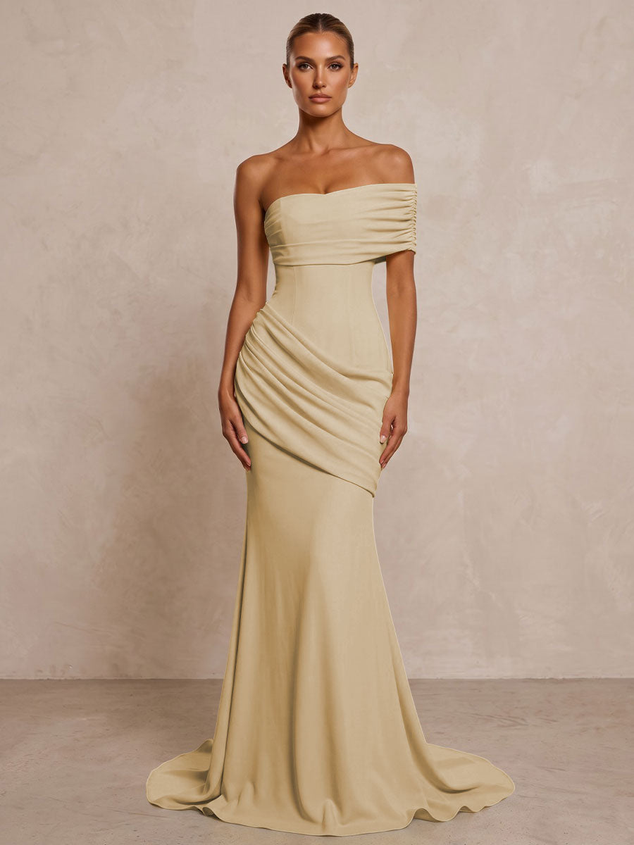 Stretch Jersey Mermaid/Trumpet One Shoulder Floor-Length Formal Prom Dresses with Ruched Waist & Sweep Train