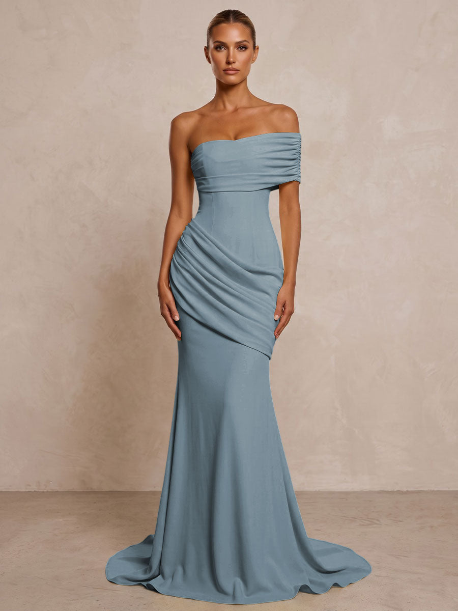Stretch Jersey Mermaid/Trumpet One Shoulder Floor-Length Formal Prom Dresses with Ruched Waist & Sweep Train