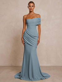Stretch Jersey Mermaid/Trumpet One Shoulder Floor-Length Formal Prom Dresses with Ruched Waist & Sweep Train
