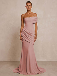 Stretch Jersey Mermaid/Trumpet One Shoulder Floor-Length Formal Prom Dresses with Ruched Waist & Sweep Train