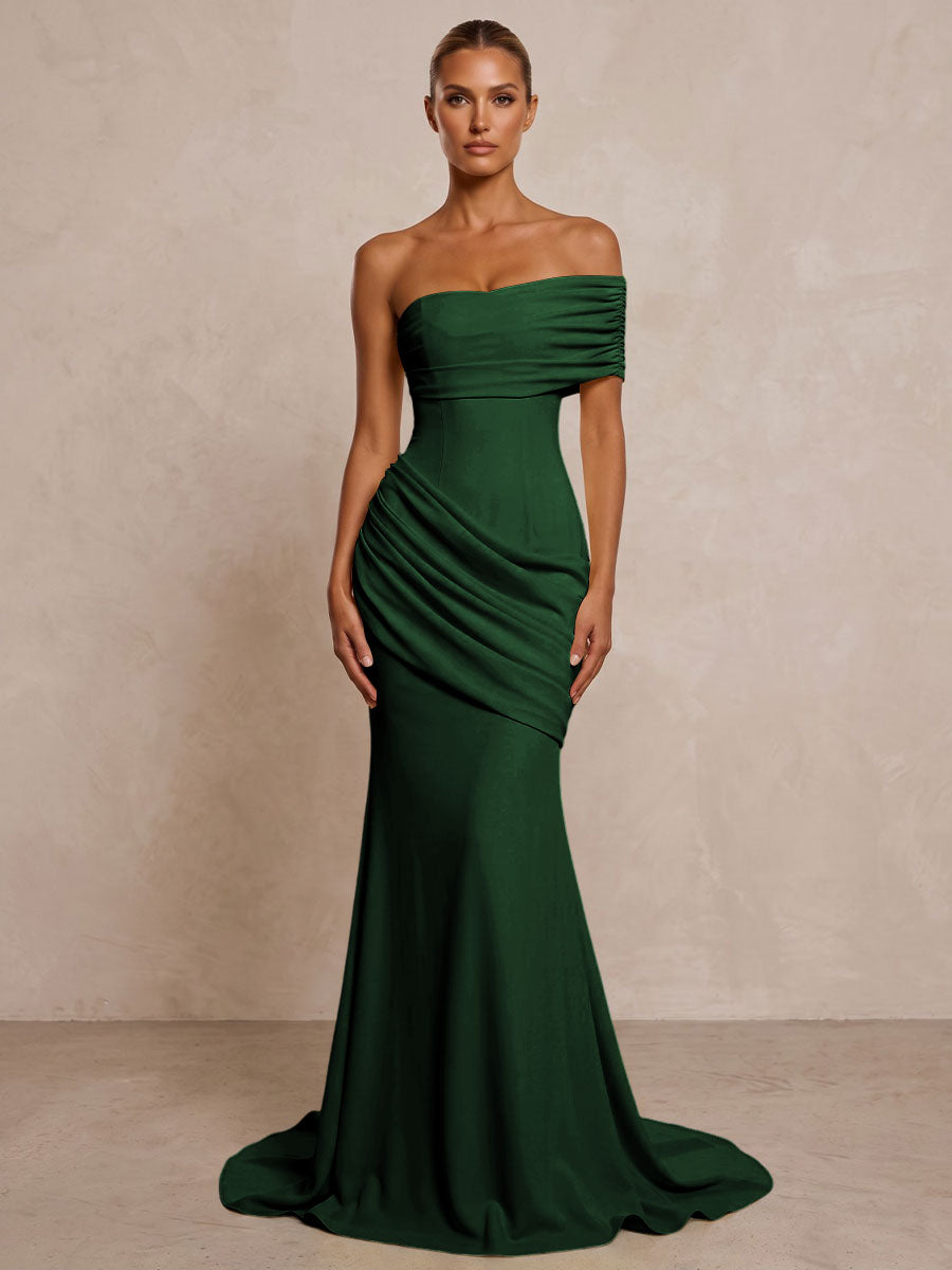 Stretch Jersey Mermaid/Trumpet One Shoulder Floor-Length Formal Prom Dresses with Ruched Waist & Sweep Train