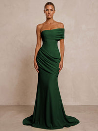 Stretch Jersey Mermaid/Trumpet One Shoulder Floor-Length Formal Prom Dresses with Ruched Waist & Sweep Train