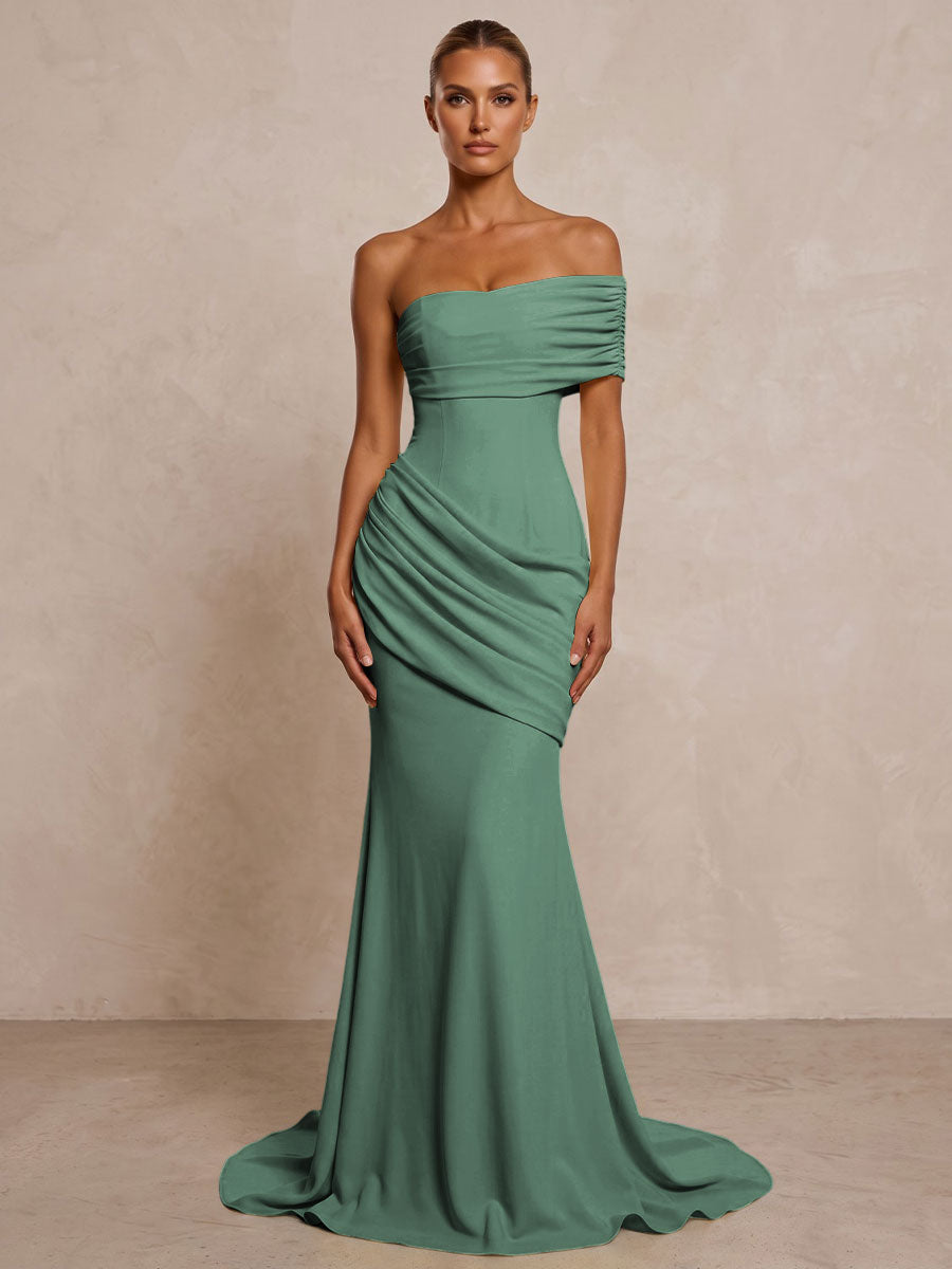 Stretch Jersey Mermaid/Trumpet One Shoulder Floor-Length Formal Prom Dresses with Ruched Waist & Sweep Train