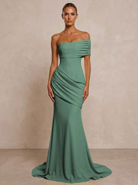 Stretch Jersey Mermaid/Trumpet One Shoulder Floor-Length Formal Prom Dresses with Ruched Waist & Sweep Train