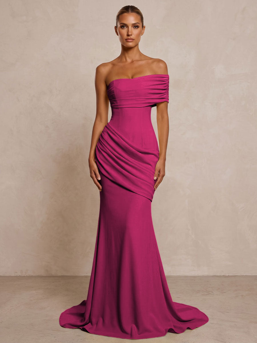 Stretch Jersey Mermaid/Trumpet One Shoulder Floor-Length Formal Prom Dresses with Ruched Waist & Sweep Train
