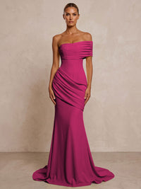 Stretch Jersey Mermaid/Trumpet One Shoulder Floor-Length Formal Prom Dresses with Ruched Waist & Sweep Train