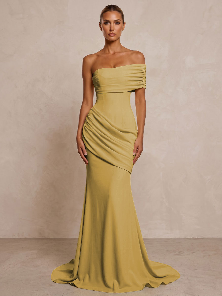 Stretch Jersey Mermaid/Trumpet One Shoulder Floor-Length Formal Prom Dresses with Ruched Waist & Sweep Train