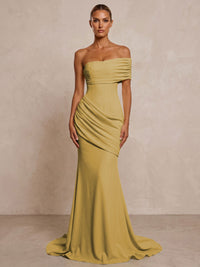 Stretch Jersey Mermaid/Trumpet One Shoulder Floor-Length Formal Prom Dresses with Ruched Waist & Sweep Train