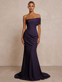 Stretch Jersey Mermaid/Trumpet One Shoulder Floor-Length Formal Prom Dresses with Ruched Waist & Sweep Train