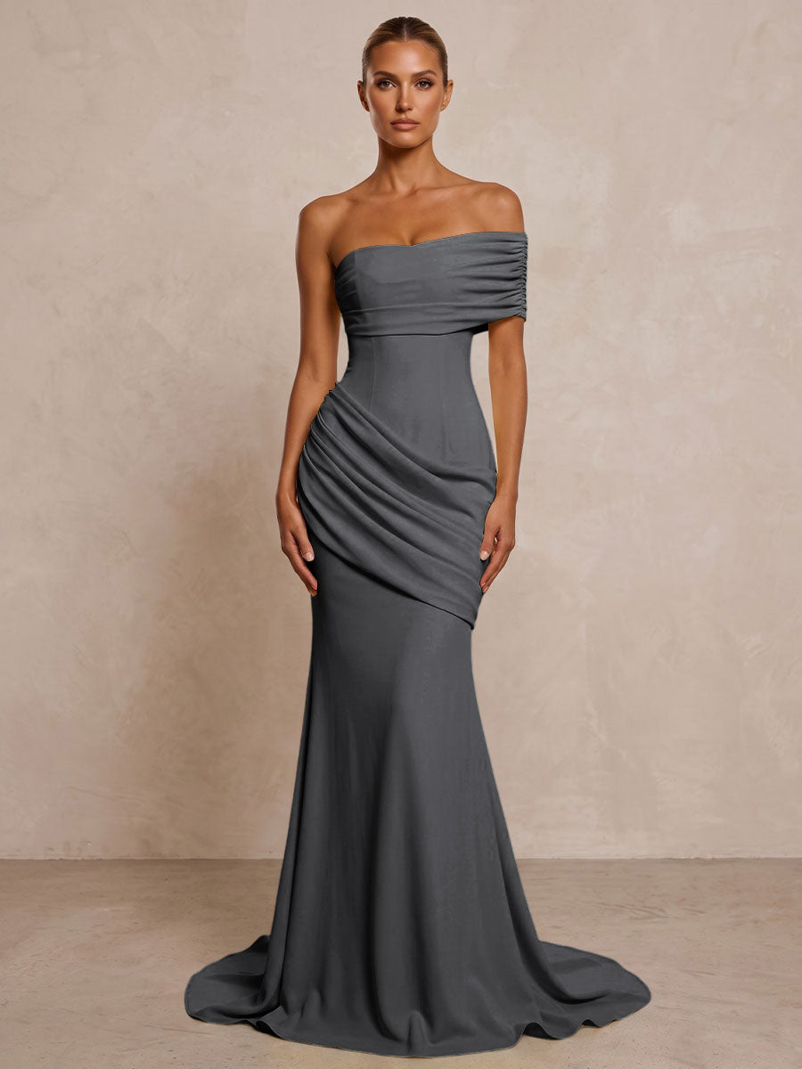 Stretch Jersey Mermaid/Trumpet One Shoulder Floor-Length Formal Prom Dresses with Ruched Waist & Sweep Train