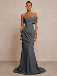 Stretch Jersey Mermaid/Trumpet One Shoulder Floor-Length Formal Prom Dresses with Ruched Waist & Sweep Train
