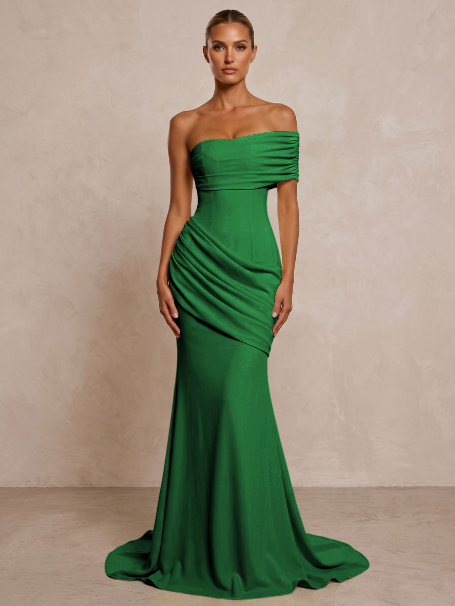 Stretch Jersey Mermaid/Trumpet One Shoulder Floor-Length Formal Prom Dresses with Ruched Waist & Sweep Train