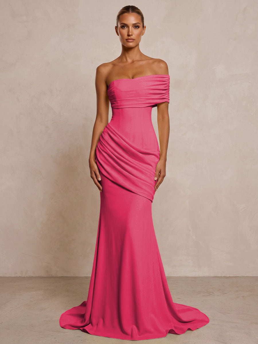 Stretch Jersey Mermaid/Trumpet One Shoulder Floor-Length Formal Prom Dresses with Ruched Waist & Sweep Train