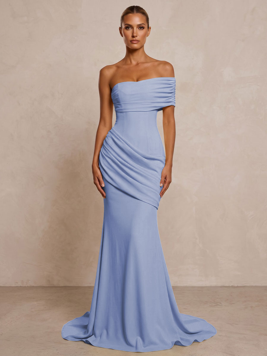 Stretch Jersey Mermaid/Trumpet One Shoulder Floor-Length Formal Prom Dresses with Ruched Waist & Sweep Train