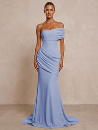 Stretch Jersey Mermaid/Trumpet One Shoulder Floor-Length Formal Prom Dresses with Ruched Waist & Sweep Train