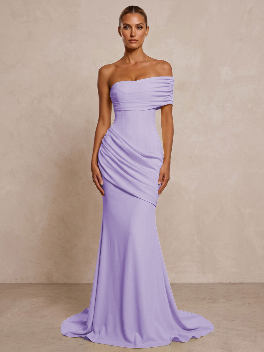 Stretch Jersey Mermaid/Trumpet One Shoulder Floor-Length Formal Prom Dresses with Ruched Waist & Sweep Train
