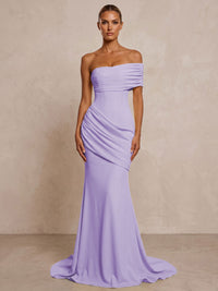 Stretch Jersey Mermaid/Trumpet One Shoulder Floor-Length Formal Prom Dresses with Ruched Waist & Sweep Train