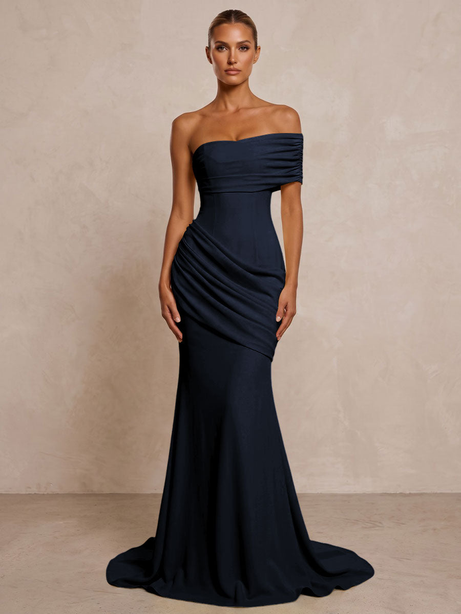 Stretch Jersey Mermaid/Trumpet One Shoulder Floor-Length Formal Prom Dresses with Ruched Waist & Sweep Train