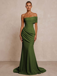 Stretch Jersey Mermaid/Trumpet One Shoulder Floor-Length Formal Prom Dresses with Ruched Waist & Sweep Train