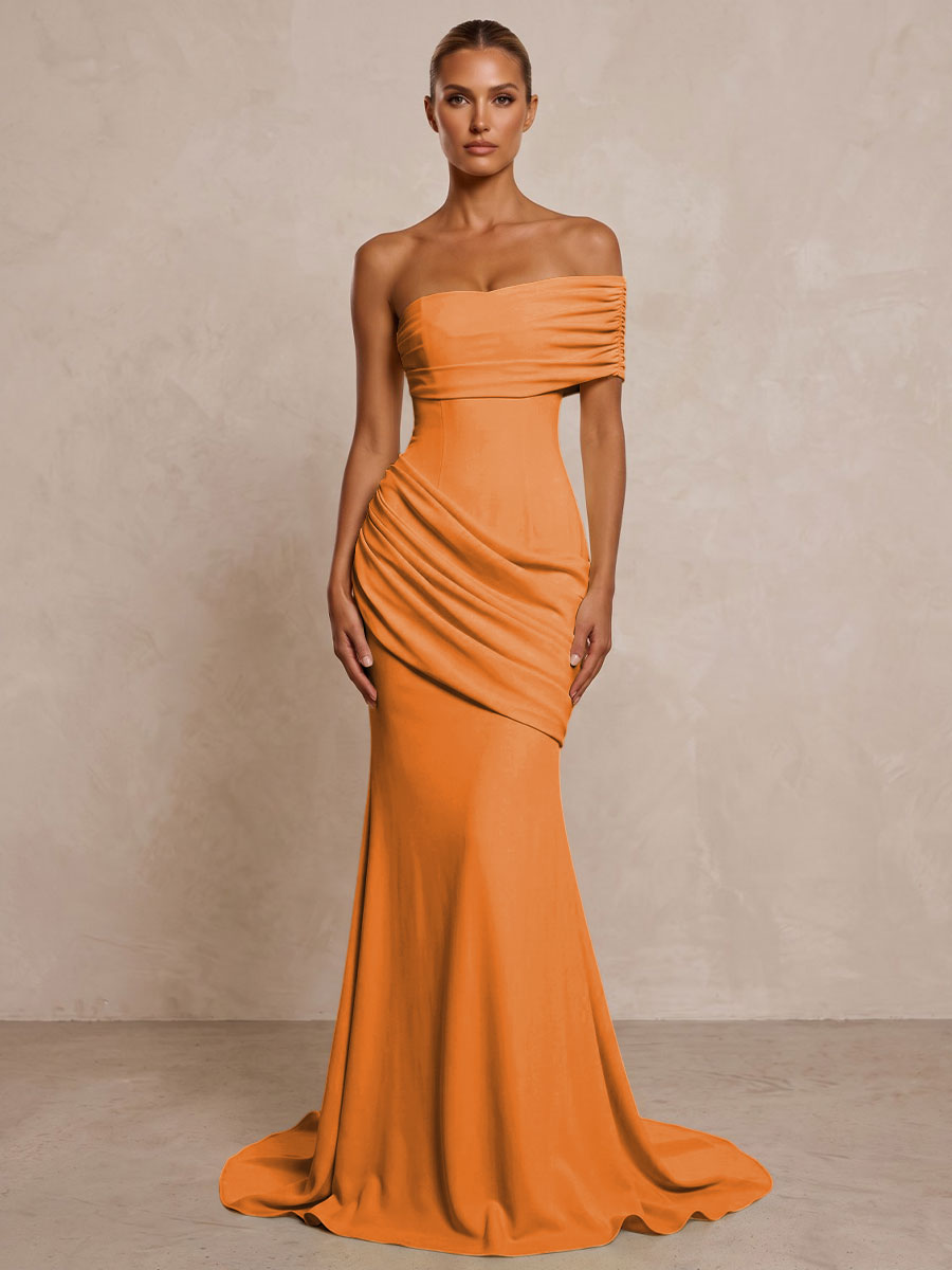 Stretch Jersey Mermaid/Trumpet One Shoulder Floor-Length Formal Prom Dresses with Ruched Waist & Sweep Train