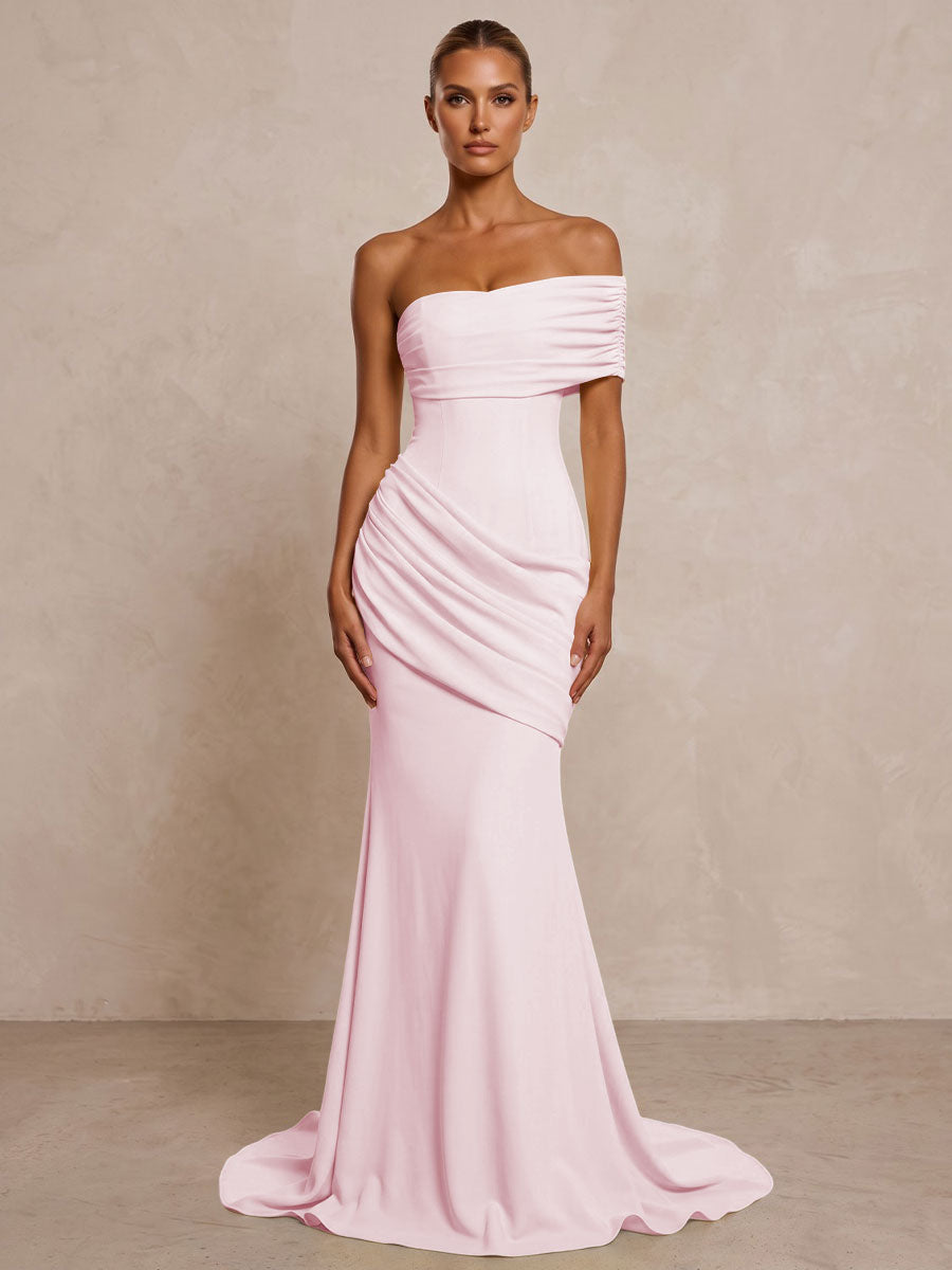 Stretch Jersey Mermaid/Trumpet One Shoulder Floor-Length Formal Prom Dresses with Ruched Waist & Sweep Train
