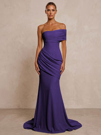 Stretch Jersey Mermaid/Trumpet One Shoulder Floor-Length Formal Prom Dresses with Ruched Waist & Sweep Train