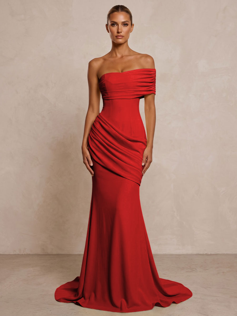 Stretch Jersey Mermaid/Trumpet One Shoulder Floor-Length Formal Prom Dresses with Ruched Waist & Sweep Train