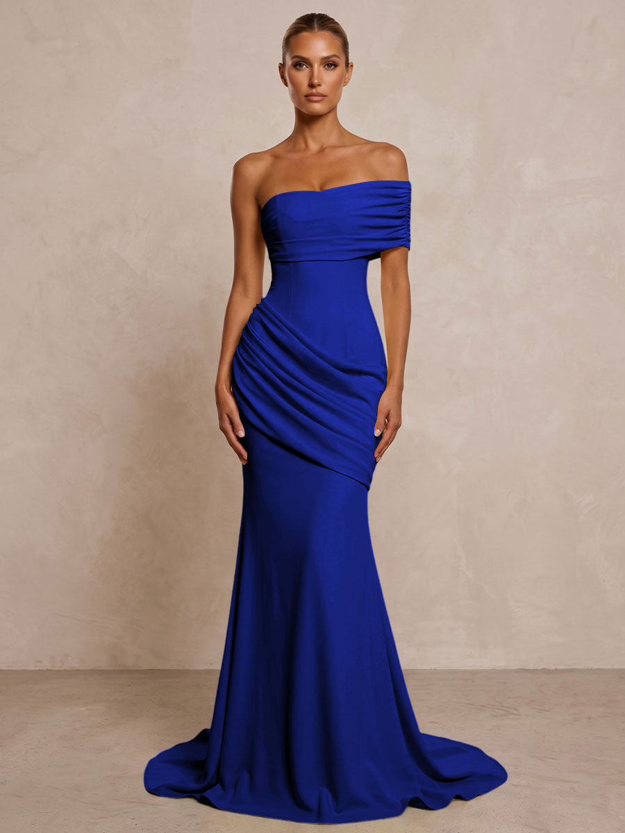 Stretch Jersey Mermaid/Trumpet One Shoulder Floor-Length Formal Prom Dresses with Ruched Waist & Sweep Train