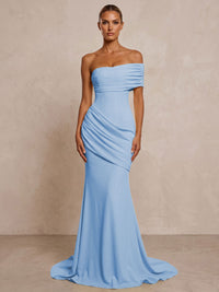 Stretch Jersey Mermaid/Trumpet One Shoulder Floor-Length Formal Prom Dresses with Ruched Waist & Sweep Train
