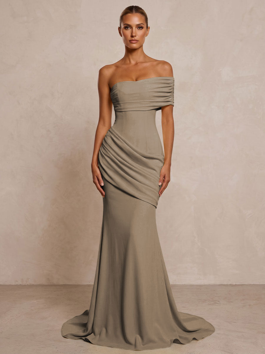 Stretch Jersey Mermaid/Trumpet One Shoulder Floor-Length Formal Prom Dresses with Ruched Waist & Sweep Train