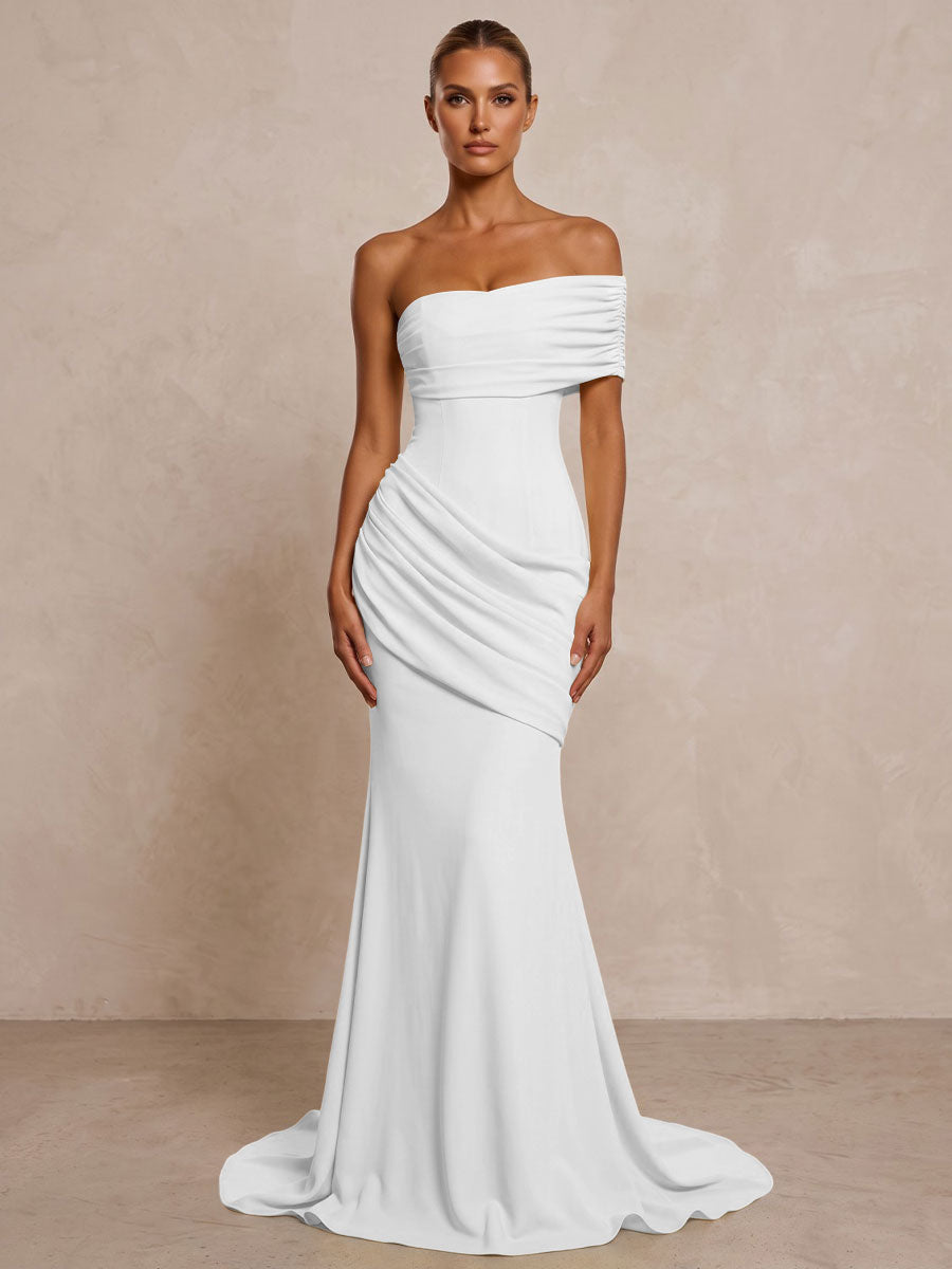 Stretch Jersey Mermaid/Trumpet One Shoulder Floor-Length Formal Prom Dresses with Ruched Waist & Sweep Train