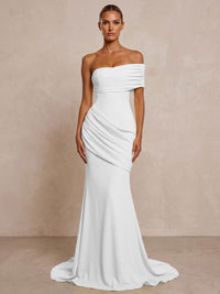 Stretch Jersey Mermaid/Trumpet One Shoulder Floor-Length Formal Prom Dresses with Ruched Waist & Sweep Train