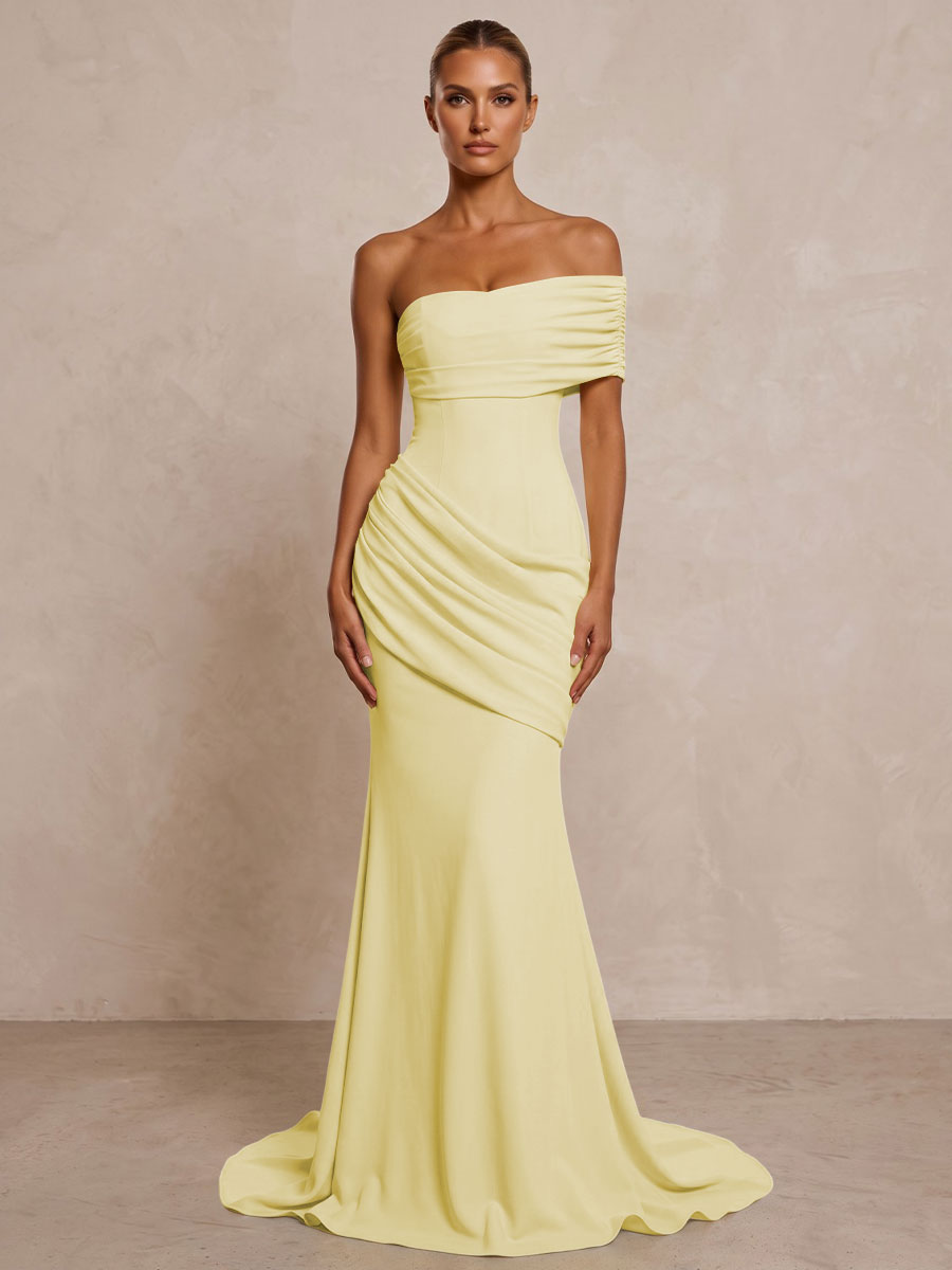 Stretch Jersey Mermaid/Trumpet One Shoulder Floor-Length Formal Prom Dresses with Ruched Waist & Sweep Train