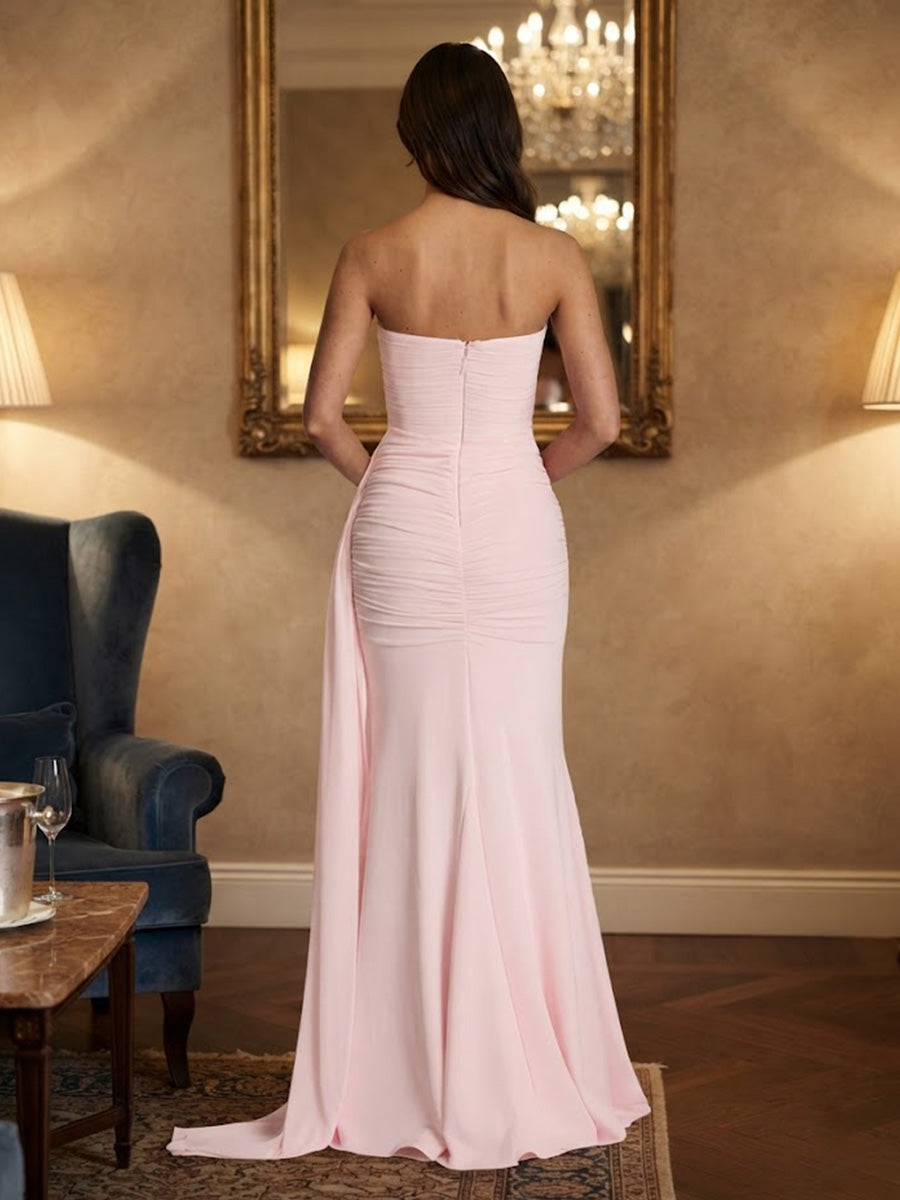 Chiffon Mermaid/Trumpet Strapless Floor-Length Prom Dresses with Ruched Waist