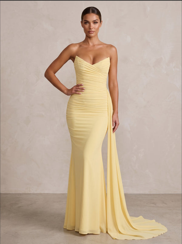 Chiffon Mermaid/Trumpet Strapless Floor-Length Formal Prom Dresses with Ruched Waist