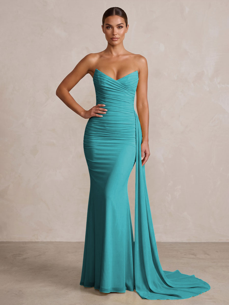 Chiffon Mermaid/Trumpet Strapless Floor-Length Formal Prom Dresses with Ruched Waist